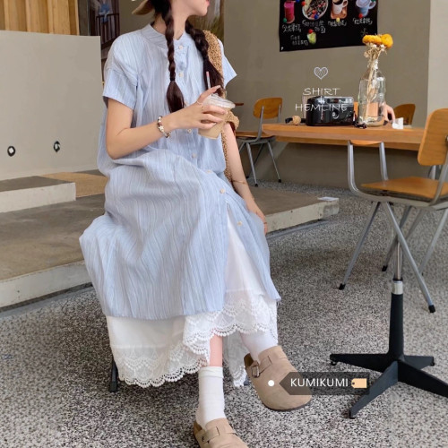 ccc新款藍色條紋短袖襯衫連衣裙女夏季韓版遮肉顯瘦寬松兩件套