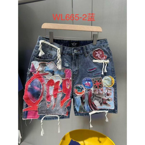 【時尚牛仔短褲】個性拼貼補丁貼布印花設計潮流炸街必備-WL665-2