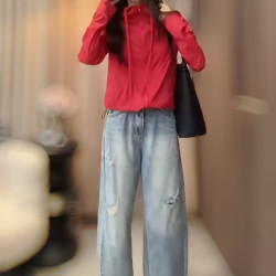 25073婕妤秀紅色連帽衣女2025夏季新款寬松顯瘦減齡休閒百搭短款