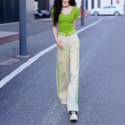 25506大愛美依緣2025夏季新款修身V領短袖T恤直筒濶腿休閒褲子女