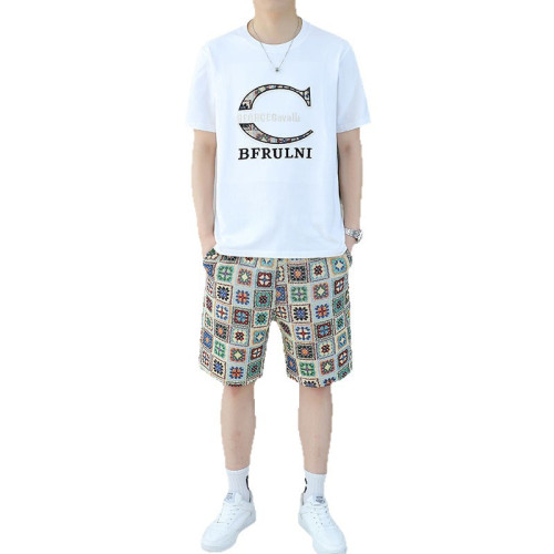 歐貨男士新款休閒裝2025夏季新款時尚重磅短袖男T恤印花短褲套裝