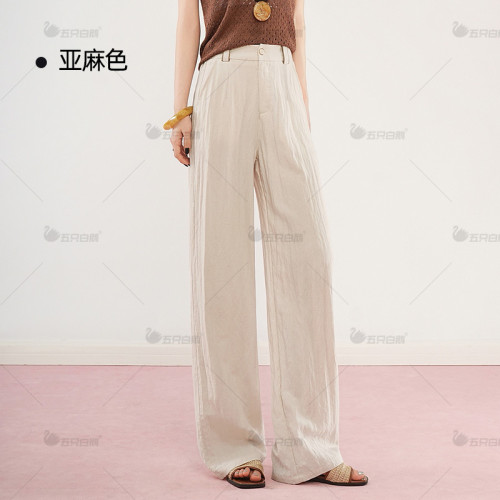 五衹白鵞2518天絲亞麻夏季休閒直筒褲松緊高腰薄款女褲子顯瘦濶腿