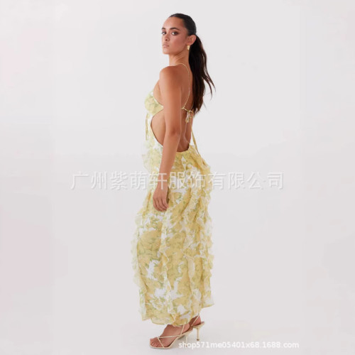 2025TEMU多條波浪形歐美夏季長款沙灘吊帶連衣裙