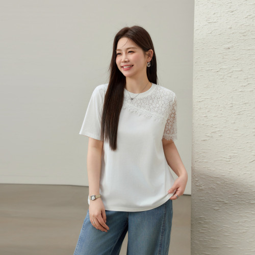 【時尚別致優雅蕾絲拼接百搭T恤】纖莉秀大碼女裝胖mm2025夏新款