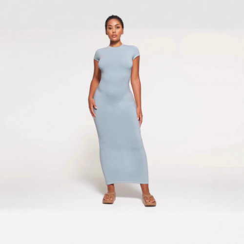 SKIMS卡戴珊NEW VINTAGE Long DRESS開叉螺紋包臀連衣裙短袖長裙