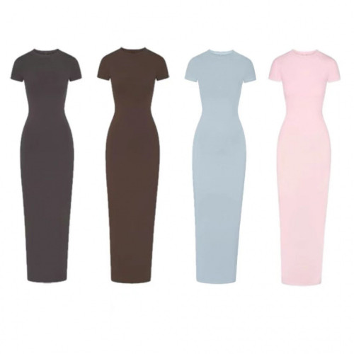 SKIMS卡戴珊NEW VINTAGE Long DRESS開叉螺紋包臀連衣裙短袖長裙