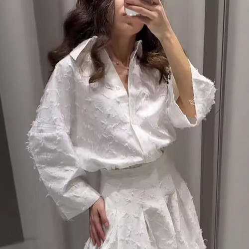 歐美女裝INS爆款氣質流蘇羽毛襯衫+半身裙套裝