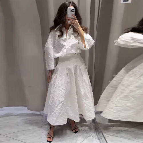 歐美女裝INS爆款氣質流蘇羽毛襯衫+半身裙套裝