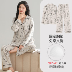 01帶胸衣女士2024新款春秋季純棉長袖可外穿寬松家居服全棉套裝