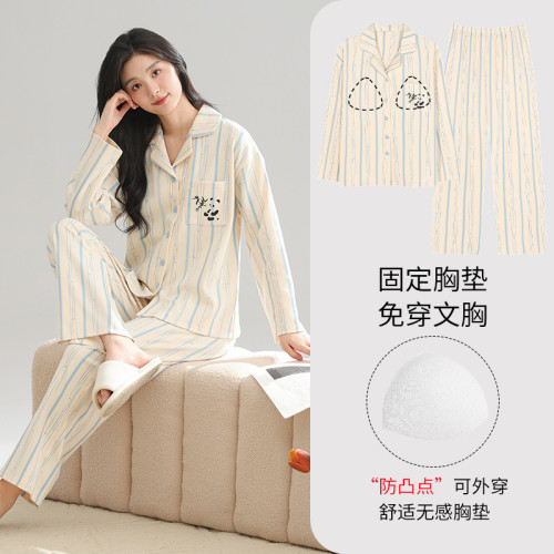 01帶胸衣女士2024新款春秋季純棉長袖可外穿寬松家居服全棉套裝