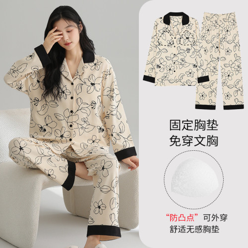 01帶胸衣女士2024新款春秋季純棉長袖可外穿寬松家居服全棉套裝