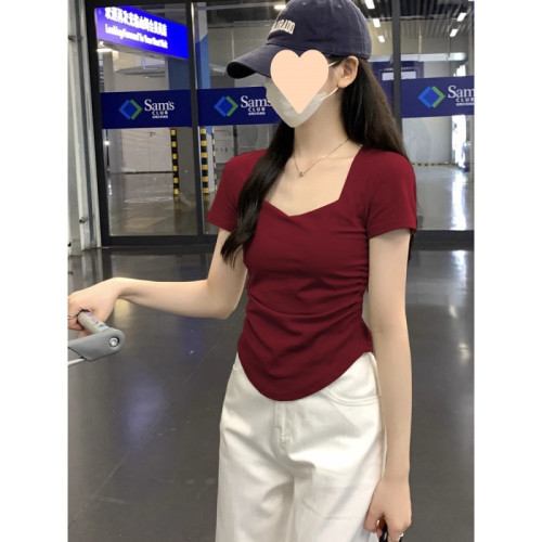 方領新款褶皺修身正肩短袖恤顯瘦夏季設計不規則設計感鎖骨上衣