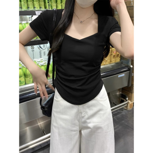 方領新款褶皺修身正肩短袖恤顯瘦夏季設計不規則設計感鎖骨上衣