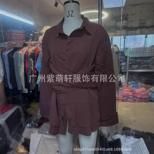 2025歐美春秋新品氣質通勤褶皺收腰成熟束腰設計長袖優雅襯衫