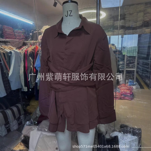 2025歐美春秋新品氣質通勤褶皺收腰成熟束腰設計長袖優雅襯衫