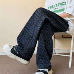 夏季薄款豹紋牛仔褲男直筒復古休閒潮牌日系痞帥高街運動水洗褲子