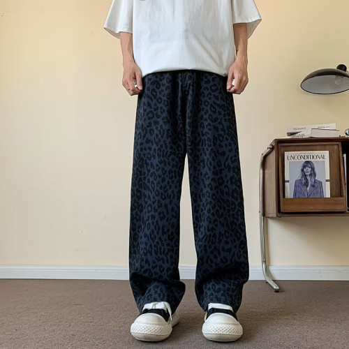夏季薄款豹紋牛仔褲男直筒復古休閒潮牌日系痞帥高街運動水洗褲子