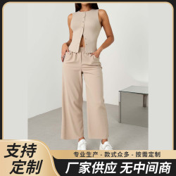 夏季薄款時尚西裝套裝女商務通勤職業正裝西服馬甲濶腿褲兩件套