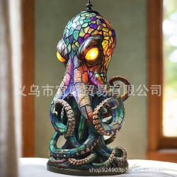 跨境Stained Glass Style Resin Octopus Lamps章魚燈台燈夜燈