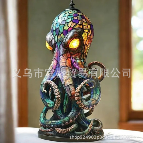 跨境Stained Glass Style Resin Octopus Lamps章魚燈台燈夜燈