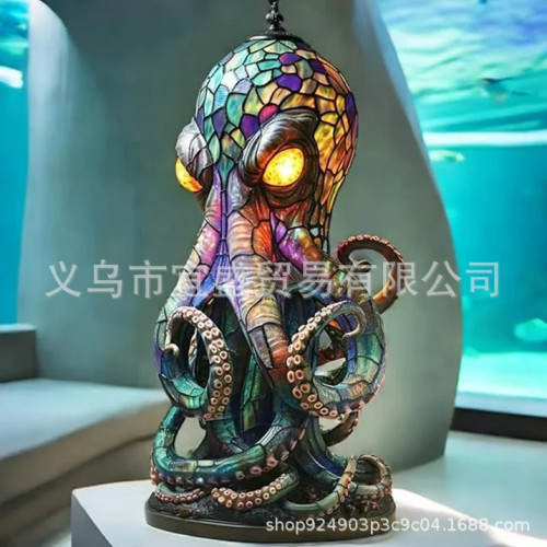 跨境Stained Glass Style Resin Octopus Lamps章魚燈台燈夜燈