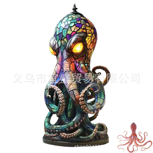 跨境Stained Glass Style Resin Octopus Lamps章魚燈台燈夜燈