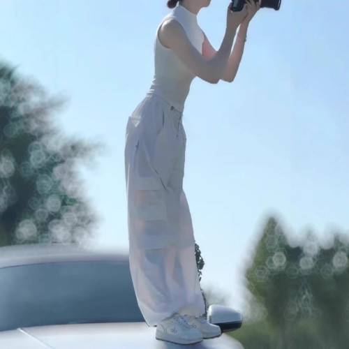 25075婕妤秀白色薄款工裝長褲女2025夏季新款顯瘦休閒束腳褲子