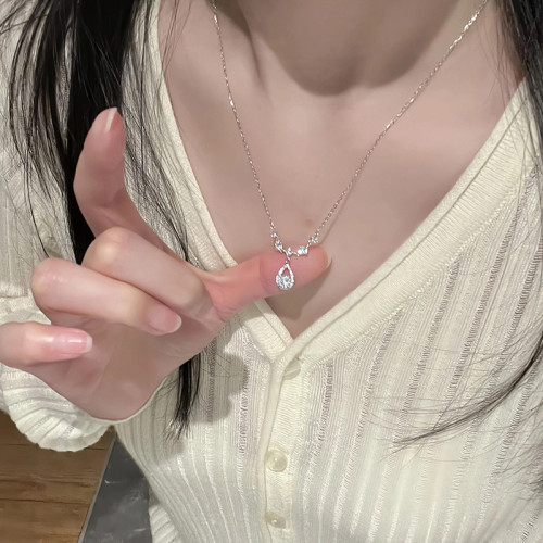 s925純銀鋯石水滴項鏈女法式小衆設計輕奢高級感氣質跨境鎖骨鏈