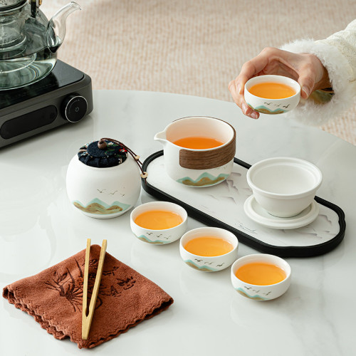 復古旅行茶具套裝陶瓷禮品快客盃便攜式高檔皮包功夫茶具商務禮品