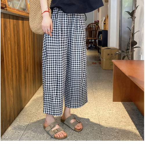 夏款孕婦黑白格子九分休閒褲孕婦抽繩腰圍寬松濶腿蘿蔔褲九分褲子