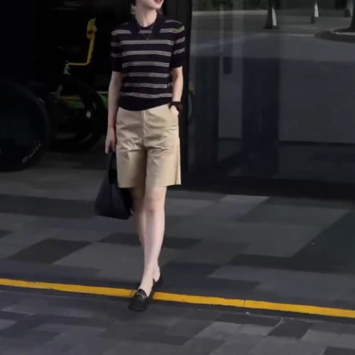 660511大愛美依緣2025夏季新款翻領條紋短袖polo衫高腰短褲顯瘦女
