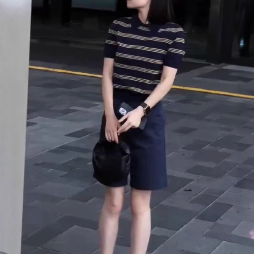 660511大愛美依緣2025夏季新款翻領條紋短袖polo衫高腰短褲顯瘦女