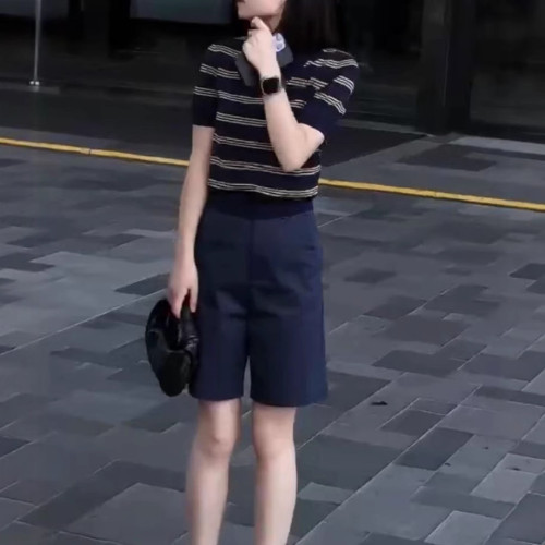 660511大愛美依緣2025夏季新款翻領條紋短袖polo衫高腰短褲顯瘦女