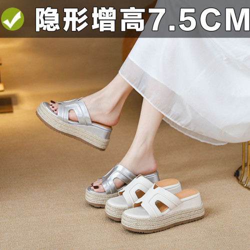~露思同款草編厚底拖鞋女夏外穿一字內增高8CM坡跟涼拖鞋女