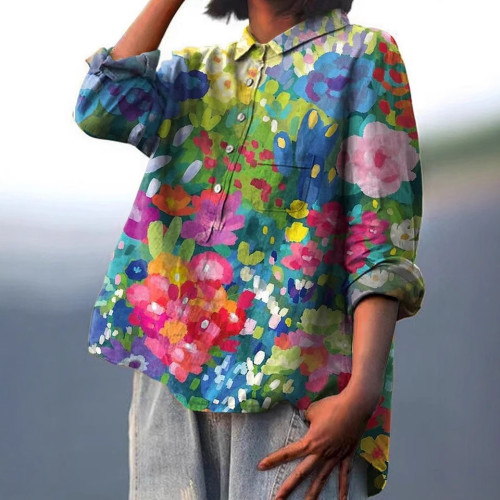 2025跨境歐美秋季新品長袖襯衫開衫彈力印花夏威夷風格女士襯衫