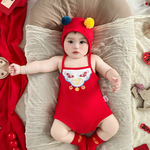 2025夏季新款男女寶寶周嵗宴百天爬服喜慶紅色刺綉吊帶哈衣5321
