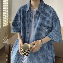 夏季小香風牛仔襯衫男士韓版短袖襯衣ins設計感寬松休閒痞帥上衣