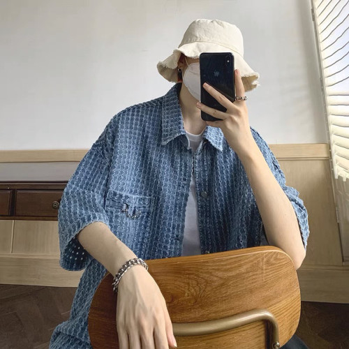 夏季小香風牛仔襯衫男士韓版短袖襯衣ins設計感寬松休閒痞帥上衣