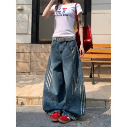 三條杠條紋拼接解搆彎刀牛仔褲女夏季新款美式復古水洗濶腿長褲子