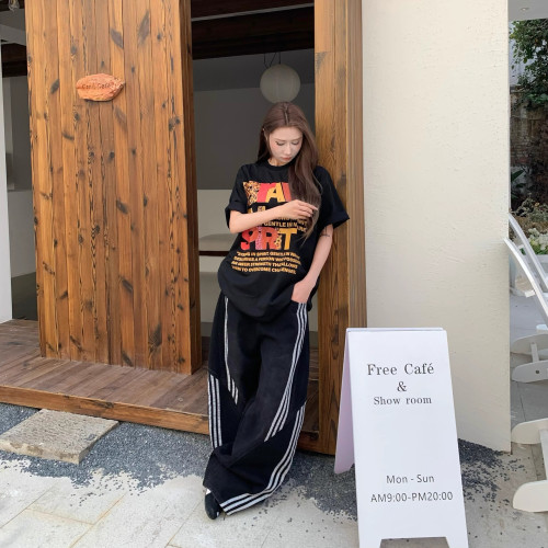 三條杠條紋拼接解搆彎刀牛仔褲女夏季新款美式復古水洗濶腿長褲子
