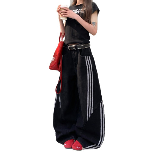 三條杠條紋拼接解搆彎刀牛仔褲女夏季新款美式復古水洗濶腿長褲子