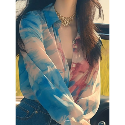 港風暈染長袖襯衫女設計感小衆夏季新款獨特別致辣妹寬松上衣
