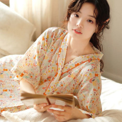 ins睡袍女夏款全棉性感長款甜美日系夏季薄款浴衣袍短袖款家居服