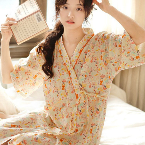 ins睡袍女夏款全棉性感長款甜美日系夏季薄款浴衣袍短袖款家居服