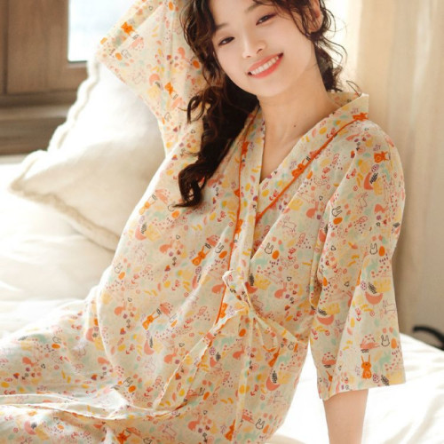 ins睡袍女夏款全棉性感長款甜美日系夏季薄款浴衣袍短袖款家居服