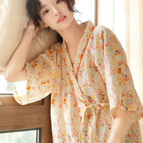 ins睡袍女夏款全棉性感長款甜美日系夏季薄款浴衣袍短袖款家居服