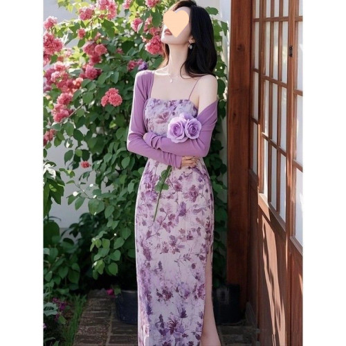 法式漂亮獨特小香風高級感紫色碎花吊帶連衣裙兩件套裝女2025夏季