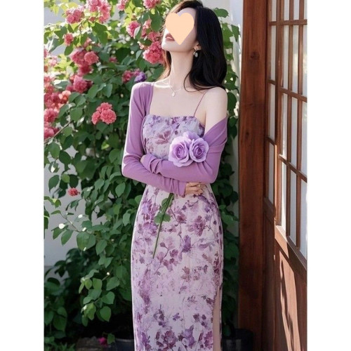 法式漂亮獨特小香風高級感紫色碎花吊帶連衣裙兩件套裝女2025夏季