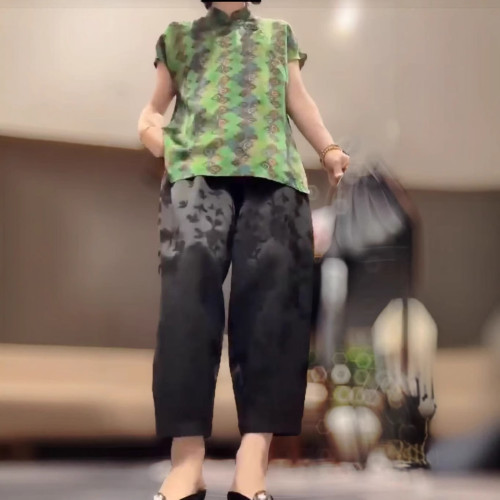 25080婕妤秀2025夏季新款提花新中式國風撞色顯瘦小衫褲子女