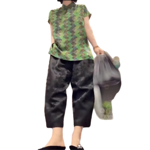 25080婕妤秀2025夏季新款提花新中式國風撞色顯瘦小衫褲子女